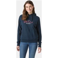 Navy Helly Hansen women's hoodie with pink logo on chest, drawstring hood, and ribbed cuffs, size L.