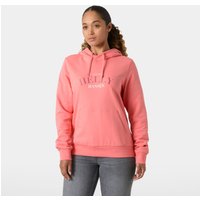 Pink Helly Hansen women's hoodie, size XS, with "Helly Hansen" graphic on chest, drawstring hood, and ribbed cuffs.
