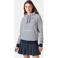 White Helly Hansen women's hoodie with navy stripes, drawstring hood, and small logo on chest, size XS.
