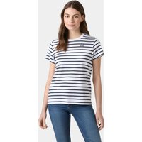 White Helly Hansen women's T-shirt with navy horizontal stripes and logo on chest, short sleeves, crew neck.