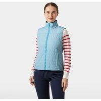 Blue Helly Hansen women's vest with high collar, quilted texture, and front zipper, worn over striped long-sleeve shirt.