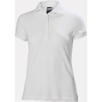 White Helly Hansen women's polo shirt with short sleeves, quick-dry fabric, and stretch material, size L.