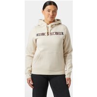 Beige Helly Hansen women's hoodie XS with tribal pattern on chest, drawstring hood, and front kangaroo pocket.