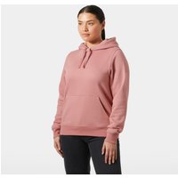 Pink Helly Hansen women's hoodie with drawstring hood and front kangaroo pocket, size M.