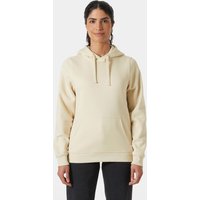 White Helly Hansen women's hoodie, size XL, with drawstring hood and front pocket, worn by a model.