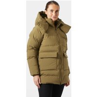 Brown Helly Hansen women's puffy parka with hood, front zipper, and large pockets, size M.