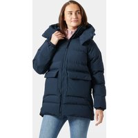 Navy Helly Hansen women's puffy parka with large hood, front zipper, and two flap pockets, size L.