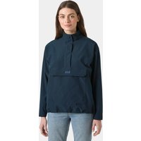 Navy Helly Hansen women's anorak with high collar, front flap pocket, and adjustable hem, worn by model.
