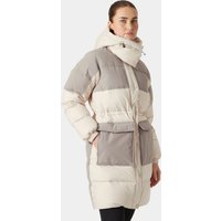 White Helly Hansen women's down coat with gray accents, hood, and large front pockets, size XL.