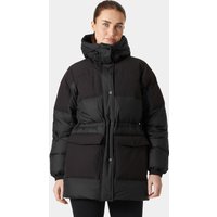 Black Helly Hansen women's down parka with hood, front zipper, and large front pockets, size S.