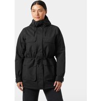 Black Helly Hansen women's insulated parka, hooded with adjustable waist, front pockets, and full-length zipper, size XL.