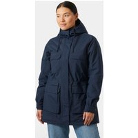 Navy Helly Hansen women's parka, insulated, hooded, with front pockets and adjustable waist, size small.
