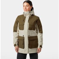 White Helly Hansen women's insulated parka with hood, front zipper, and multiple pockets, size L.