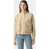 Beige Helly Hansen women's utility jacket, XL, with high collar, front zipper, and large flap pockets.