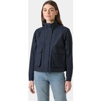 Navy Helly Hansen women's utility jacket with high collar, front zipper, and large flap pockets, size L.