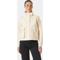 White Helly Hansen women's utility jacket with high collar, front zipper, and large flap pockets, size XL.