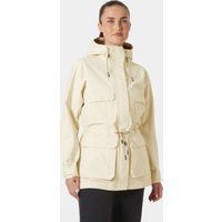 White Helly Hansen women's raincoat with hood, front zipper, adjustable waist, and large pockets, size M.