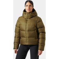 Brown Helly Hansen women's down jacket with hood, quilted design, and front zipper, size L.
