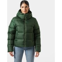 Green Helly Hansen women's down jacket with hood, quilted design, and front zipper, size S.
