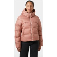 Pink Helly Hansen women's down jacket with hood, quilted pattern, and front zipper, size L.