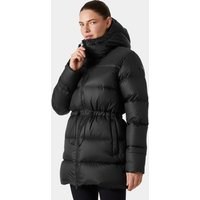 Black Helly Hansen women's down parka with hood, quilted design, and adjustable waist, size M.