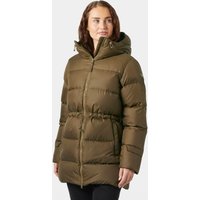 Brown Helly Hansen women's down parka with hood, quilted design, and waist drawstring, size small.