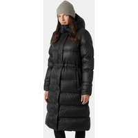 Black Helly Hansen women's long down coat with hood, quilted design, and waist cinch in size XL.