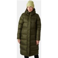 Green Helly Hansen women's long down coat with hood, quilted design, and front zipper closure, size M.