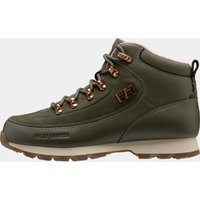 Green Helly Hansen women's winter boots with brown laces, padded collar, and rugged sole.