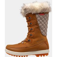 Brown Helly Hansen women's snow boots with fur trim, quilted side panels, and rugged orange sole.