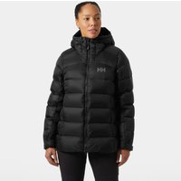 Black Helly Hansen women's down jacket, XS, with hood, quilted design, and front zipper closure.