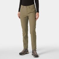 Helly Hansen green women's trousers, 5-pocket design, straight fit, button and zip closure, worn with hiking shoes.