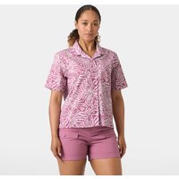 Pink Helly Hansen women's short sleeve shirt with leaf pattern, button-up front, and collar, size XL.