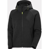Black Helly Hansen women's sailing jacket with full zip, hood, and neon yellow accents, size L.