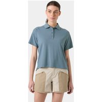 Navy Helly Hansen women's polo shirt, short sleeves, buttoned collar, lightweight fabric, size L.