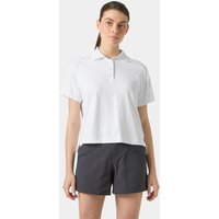White Helly Hansen women's polo with short sleeves, button-up collar, and relaxed fit.
