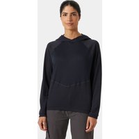 Gray Helly Hansen women's hoodie with long sleeves, drawstring hood, and relaxed fit.