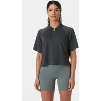 Helly Hansen Women's grey crop polo with short sleeves, zip collar, and relaxed fit.