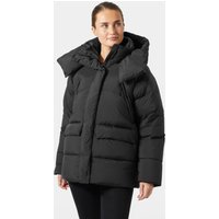 Black Helly Hansen women's down puffer jacket with large hood, quilted design, and front zipper closure.