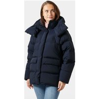 Navy Helly Hansen women's down puffer jacket, size XS, with hood, quilted design, and front zipper closure.