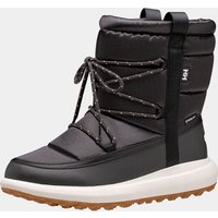 Black Helly Hansen women's boot with padded upper, lace-up front, white sole, and pull tabs.