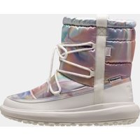 White Helly Hansen women's boot with iridescent upper, padded ankle, and thick sole, featuring lace-up front.