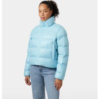 Blue Helly Hansen women's puffer jacket, high collar, quilted design, side pockets, size XL.