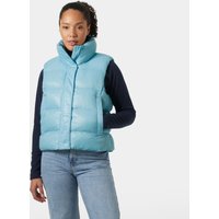 Blue Helly Hansen women's puffer vest, high collar, sleeveless, XS size, worn over a black long-sleeve shirt.