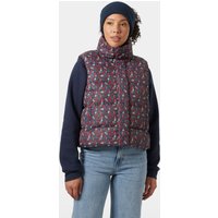 Navy Helly Hansen women's vest with floral pattern, high collar, and quilted design, size L.