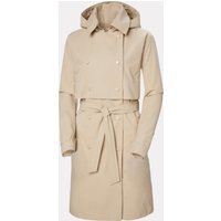 Beige Helly Hansen women's trench coat with hood, double-breasted buttons, and waist tie, size XL.