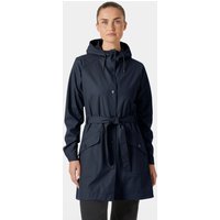 Navy Helly Hansen women's raincoat with hood, waist belt, and front pockets, size S.