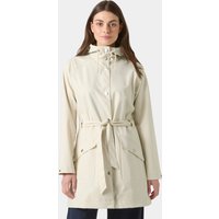 White Helly Hansen women's raincoat with hood, waist belt, and front pockets, size L.