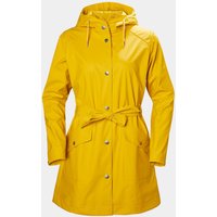 Yellow Helly Hansen women's raincoat with hood, waist tie, and snap buttons, size S.