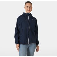 Navy Helly Hansen women's rain jacket with hood, front zipper, and adjustable cuffs, size S.